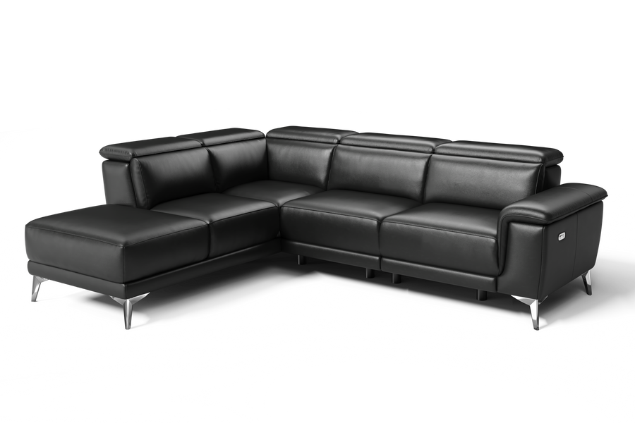 Valencia Pista Modern Top Grain Leather Reclining Sectional Sofa with Left-Hand Facing Chaise, Black