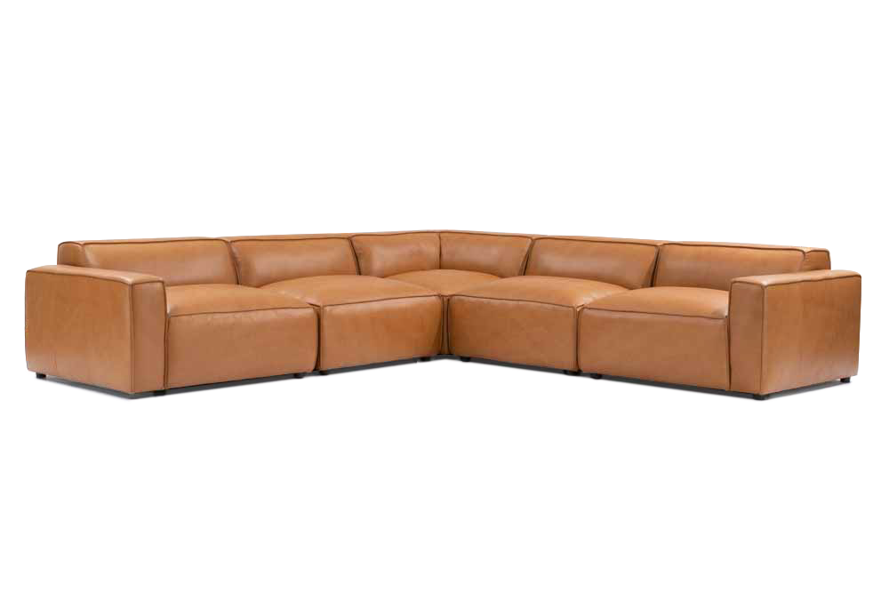 Valencia Nathan Full Aniline Leather Modular Sofa with Down Feather, L-Shape, Caramel Brown Color