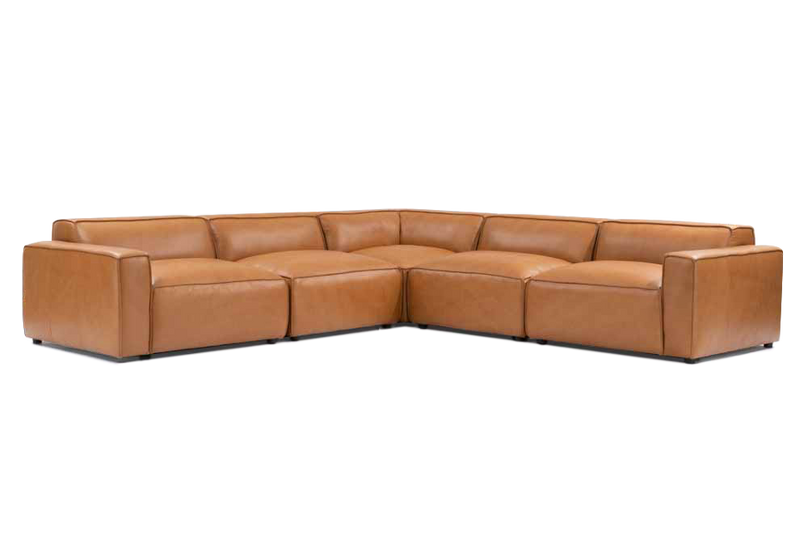 Valencia Nathan Full Aniline Leather Modular Sofa with Down Feather, L-Shape, Caramel Brown Color