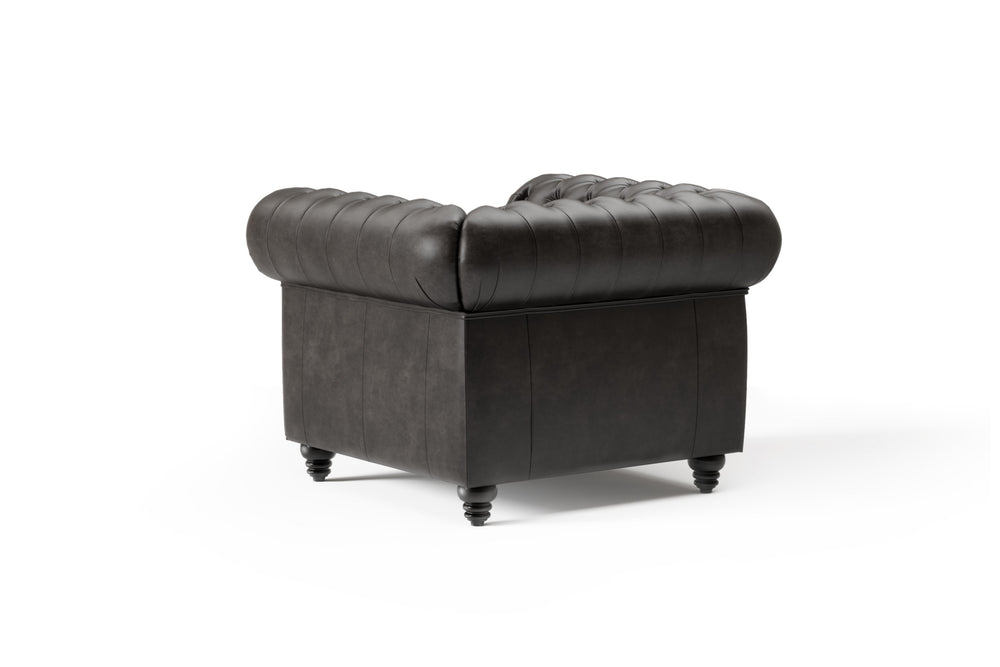 Valencia Parma Full Aniline Leather Chesterfield Single Sofa Accent Chair, Black Color