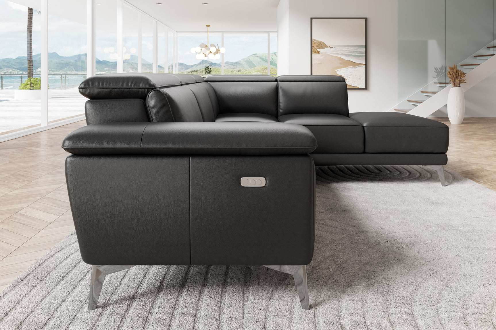 Valencia Pista Modern Top Grain Leather Reclining Sectional Sofa with Right-Hand Facing Chaise, Cognac Right side diagram