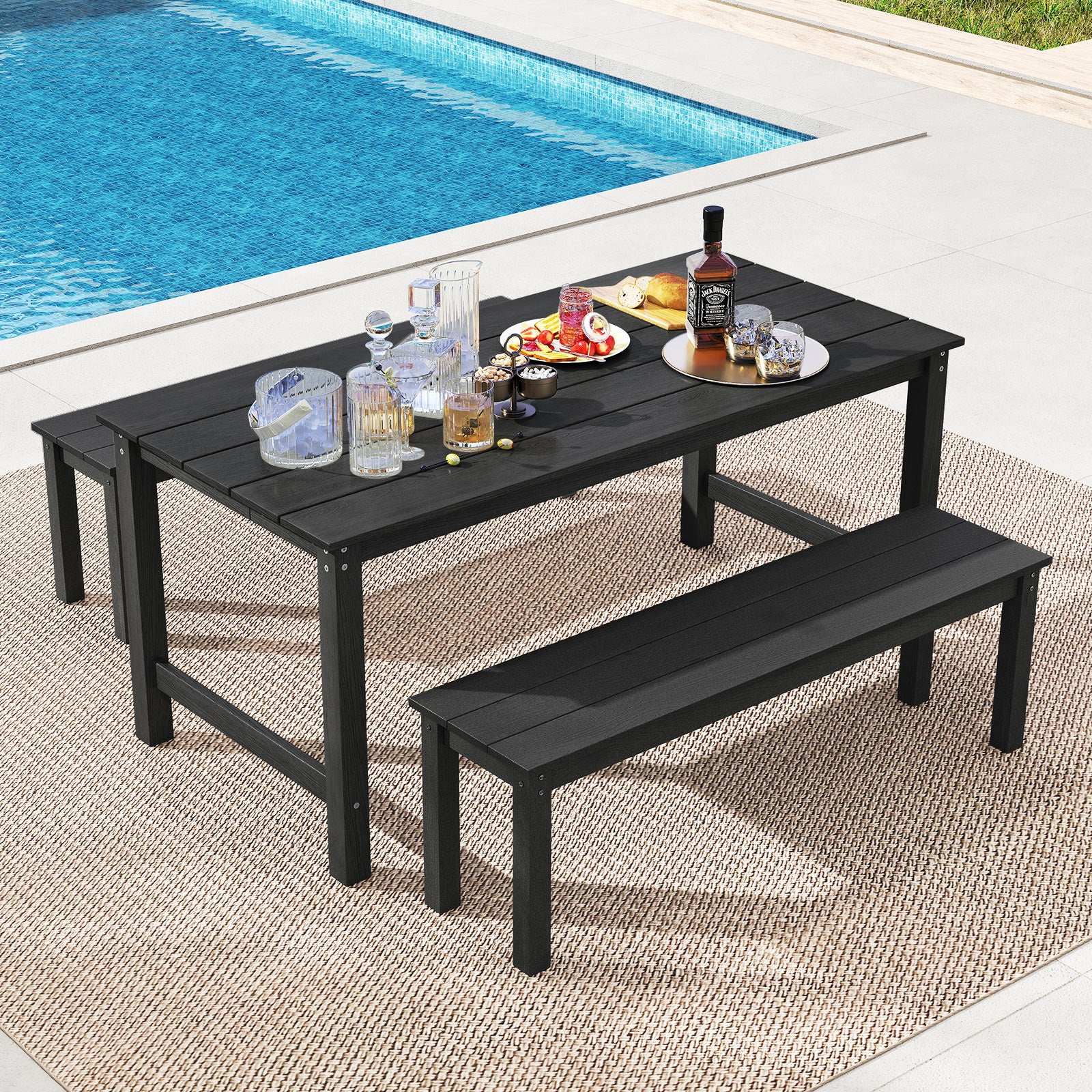 3 Pieces Outdoor Dining Table Set with 2 Benches