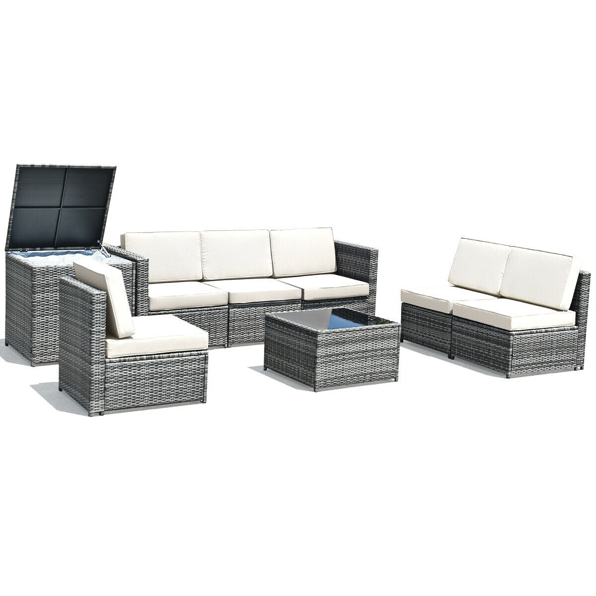 8 Piece Wicker Sofa Rattan Dinning Set Patio Furniture with Storage Table