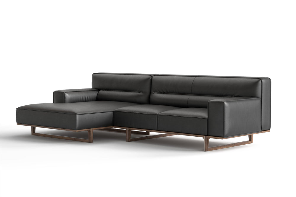 Valencia Varna Leather Three Seats with Left Chaise Sectional Sofa, Black