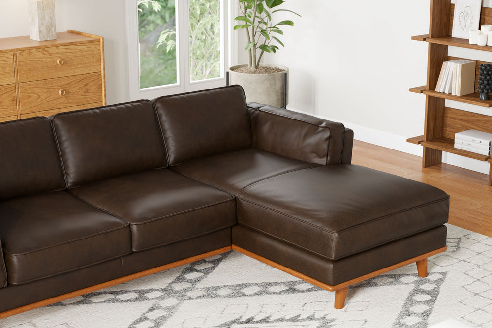 Valencia Artisan Top Grain Three Seats with Right Hand Chaise Leather Sofa, Chocolate Color