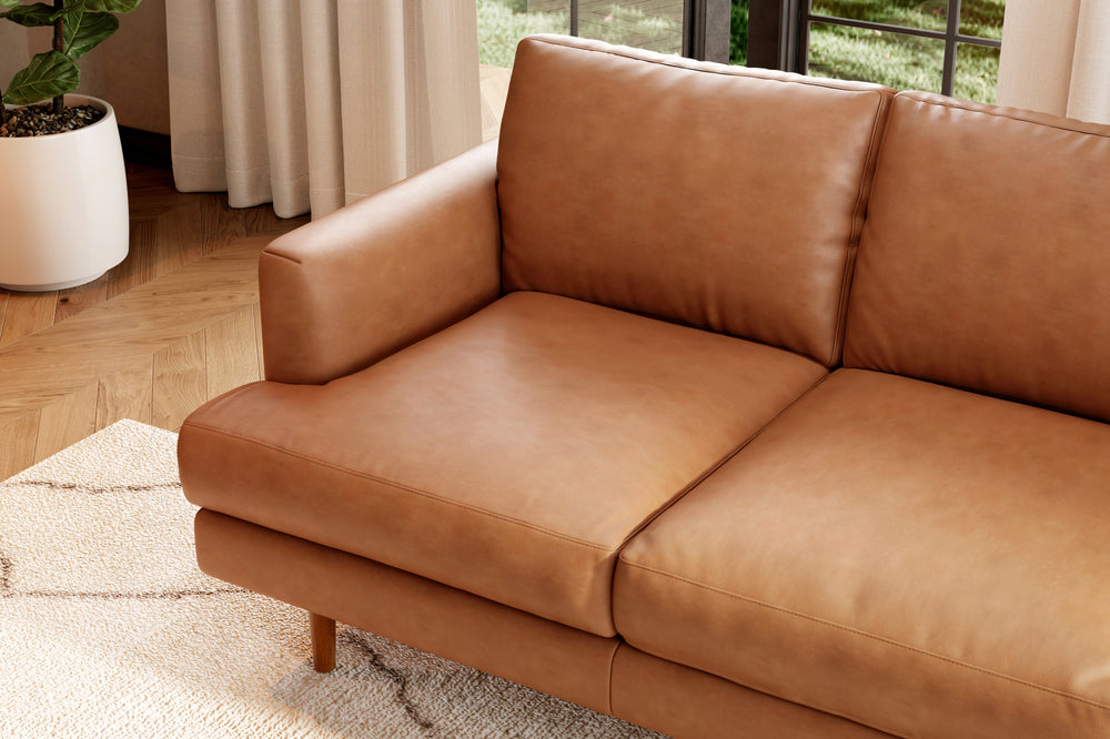 3er Leder Couch in Braun Cognac Recyclingleder mit Holz Schwarz