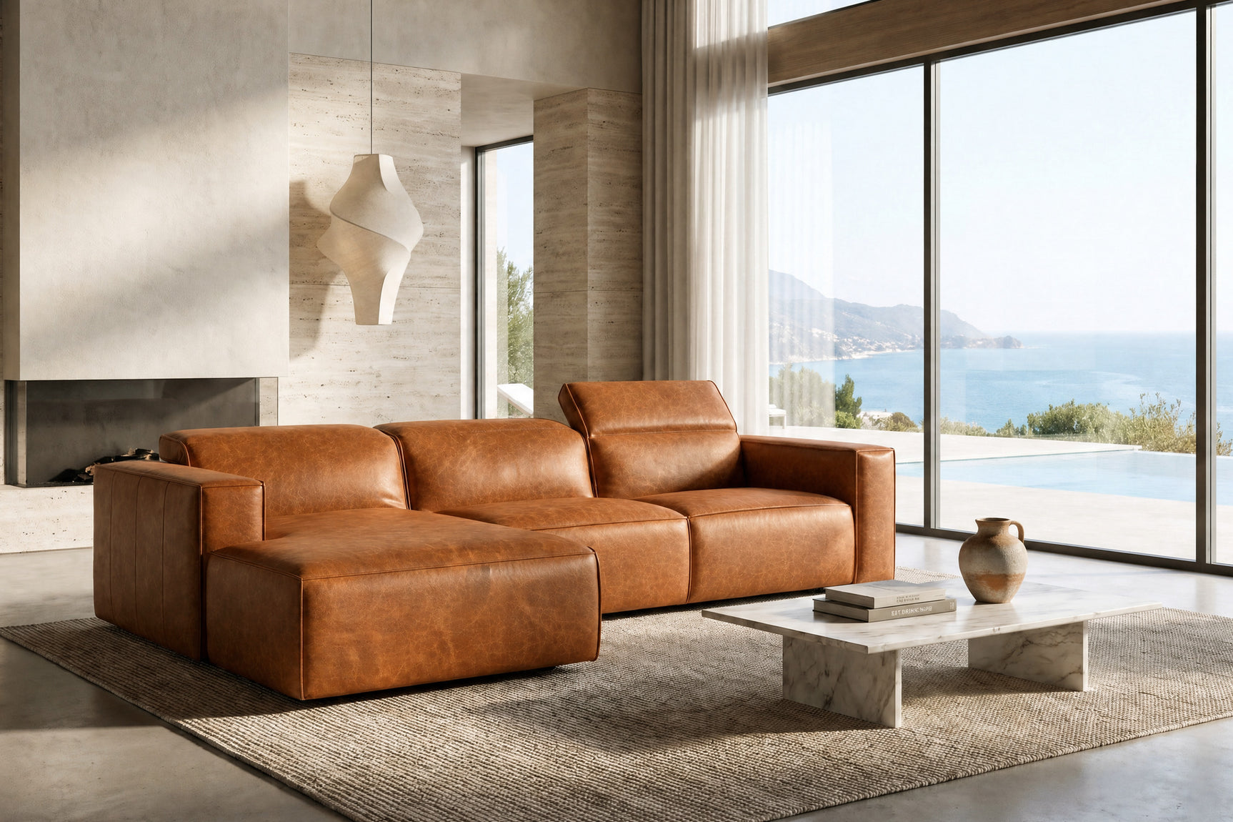 Emery Distressed Italian Aniline Leather Recliner Sectional Sofa