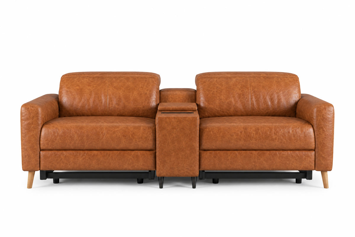 Elodie Distressed Italian Aniline Leather Dual Recliner Sofa with Console