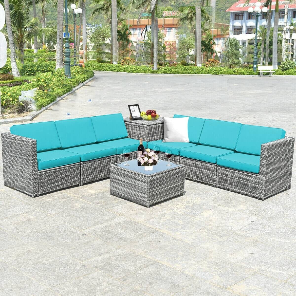 8 Piece Wicker Sofa Rattan Dinning Set Patio Furniture with Storage Table