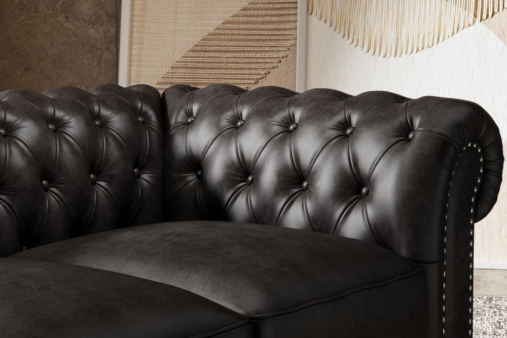 Valencia Parma 82" Full Aniline Leather Chesterfield Three Seats Sofa, Black Color