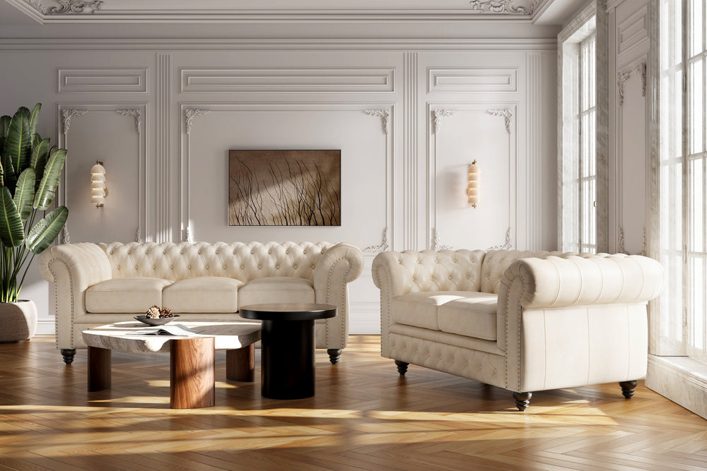 Valencia Parma 92" Full Aniline Leather Chesterfield Three Seats Sofa, Antique White Color