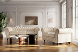 Valencia Parma 92" Full Aniline Leather Chesterfield Three Seats Sofa, Antique White