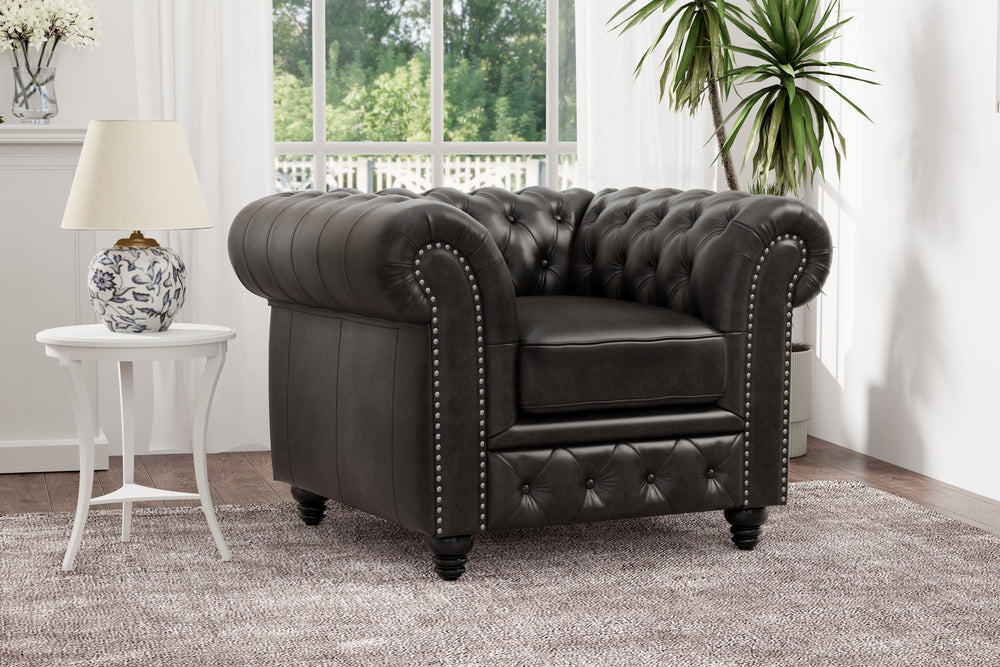 Valencia Parma Full Aniline Leather Chesterfield Single Sofa Accent Chair, Black Color