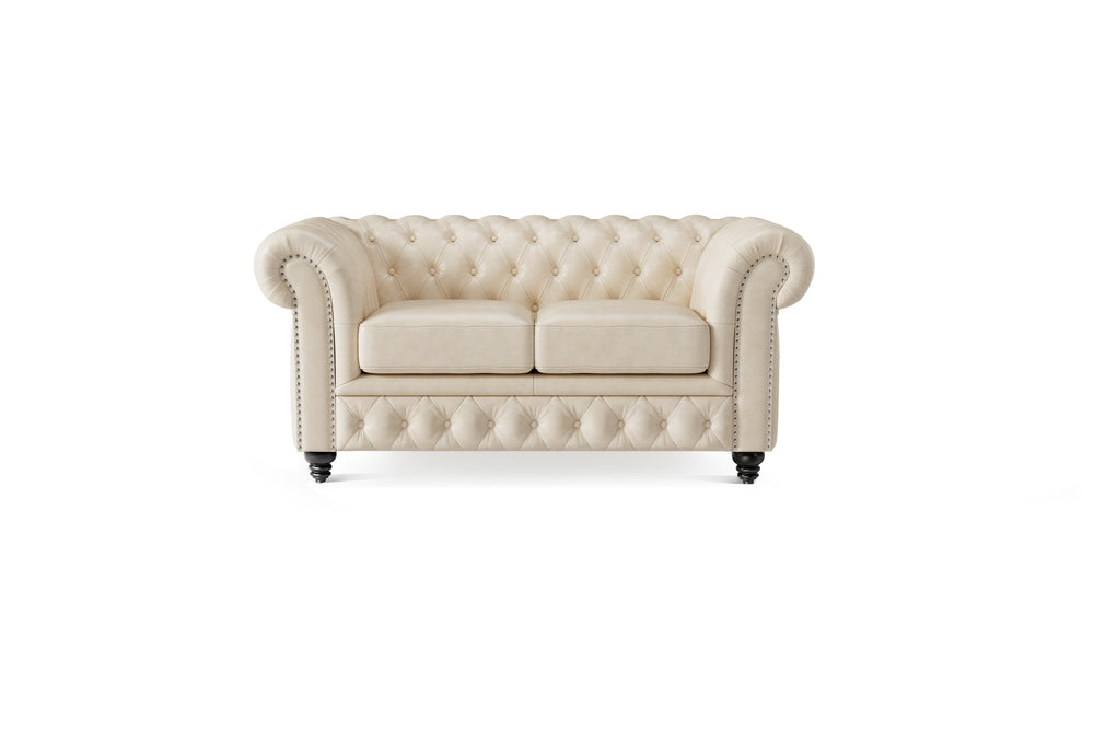 Valencia Parma 64" Full Aniline Leather Chesterfield Loveseat Sofa, Antique White Color