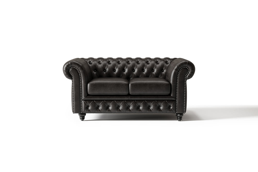 Valencia Parma 64" Full Aniline Leather Chesterfield Loveseat Sofa, Black Color