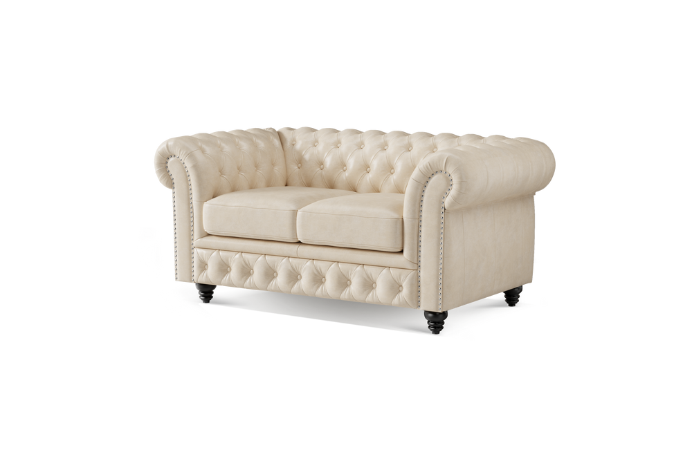 Valencia Parma 64" Full Aniline Leather Chesterfield Loveseat Sofa, Antique White Color