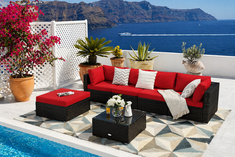 6 Pieces Outdoor Patio Rattan Furniture Set Sofa Ottoman
