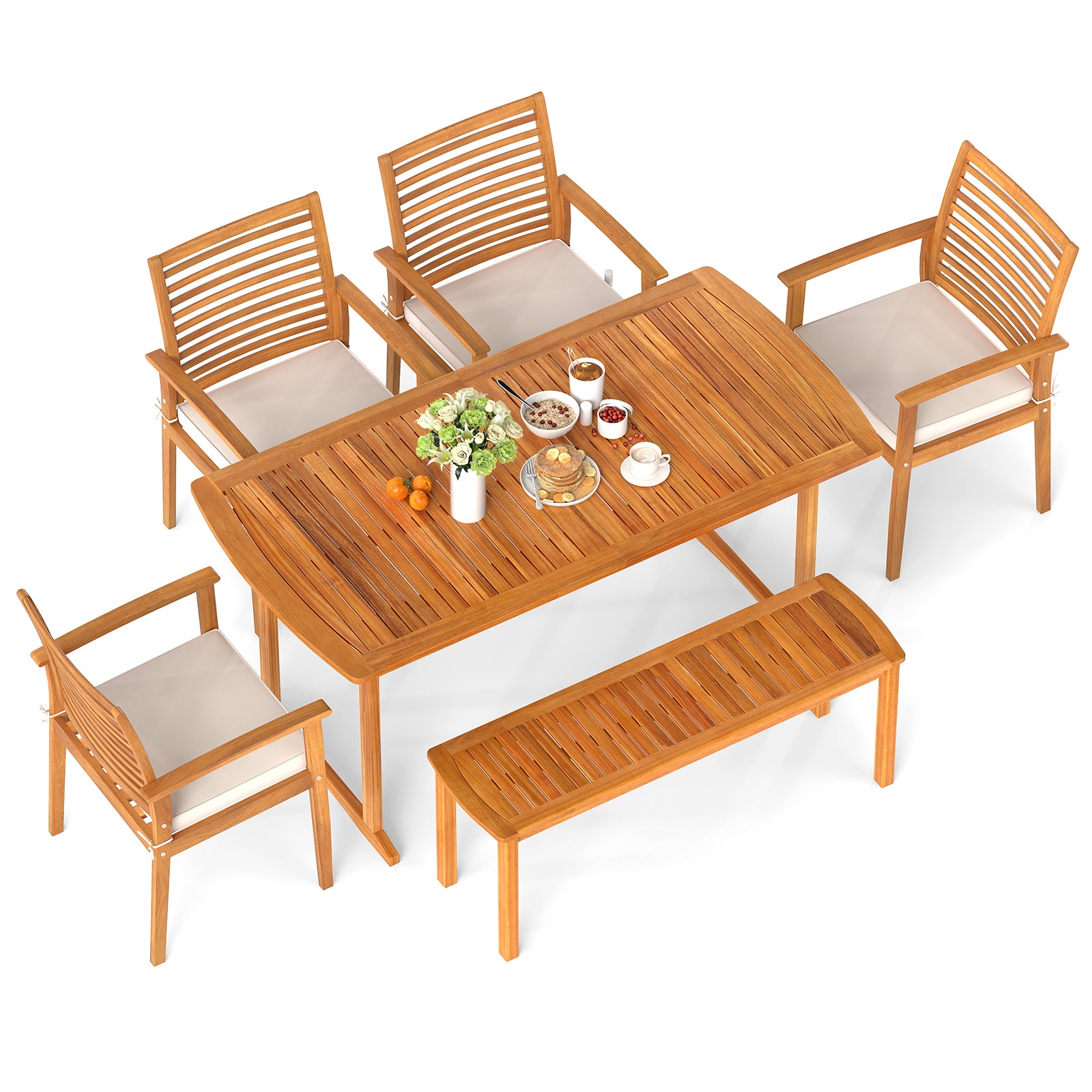 6 Pieces Outdoor Acacia Wood Dining Set with Umbrella Hole