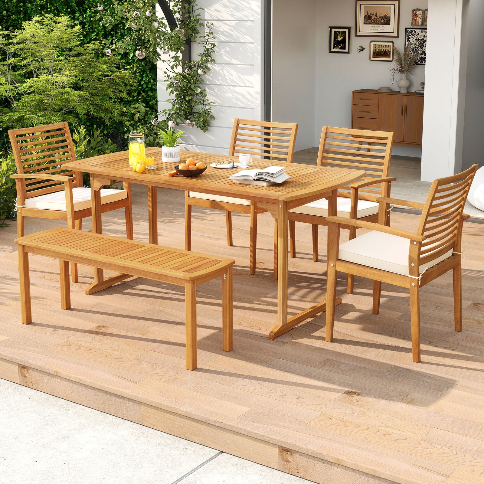 6 Pieces Outdoor Acacia Wood Dining Set with Umbrella Hole