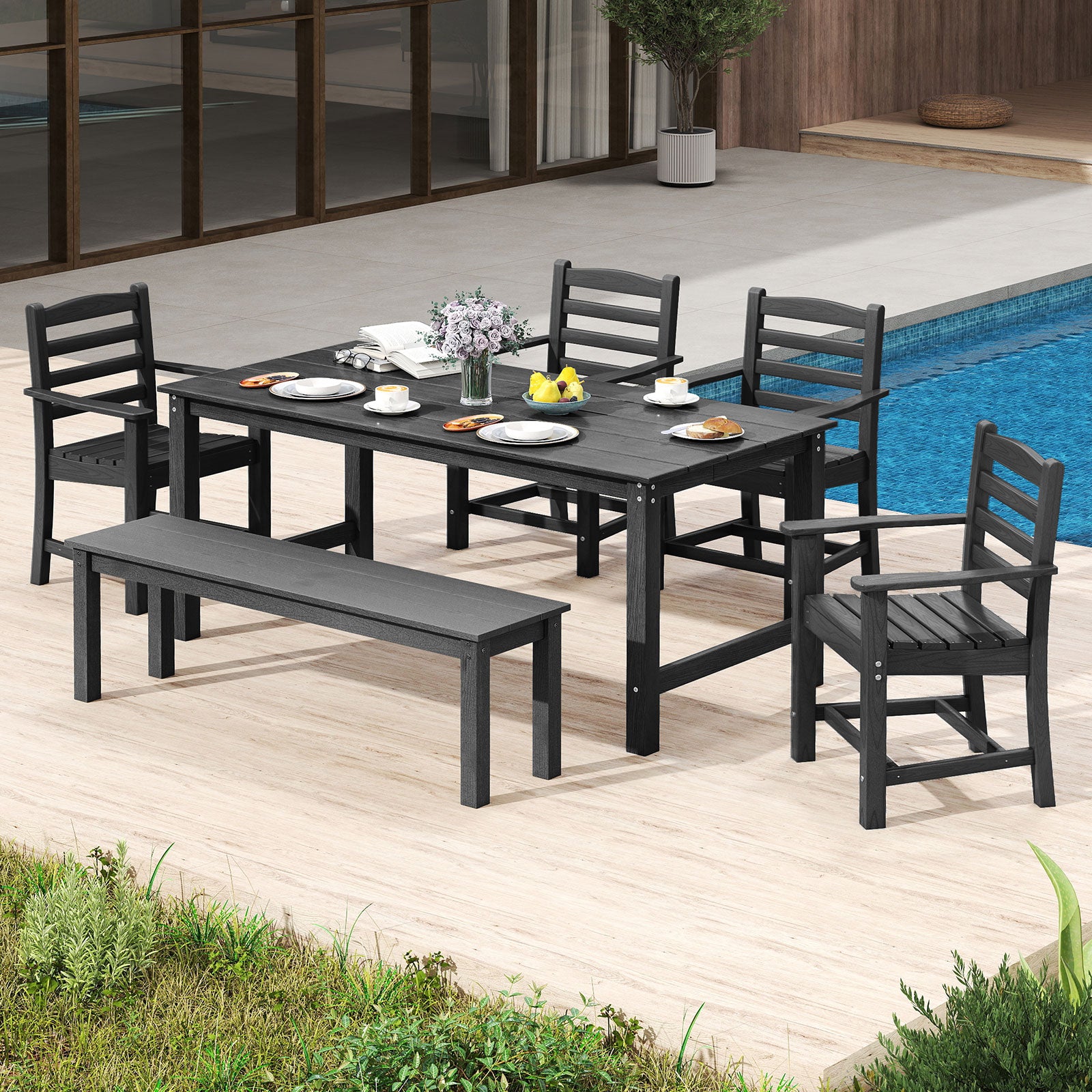 6 Pieces Patio Dining Bench Set Outdoor HDPE Weather Resistant Table and Chairs Set