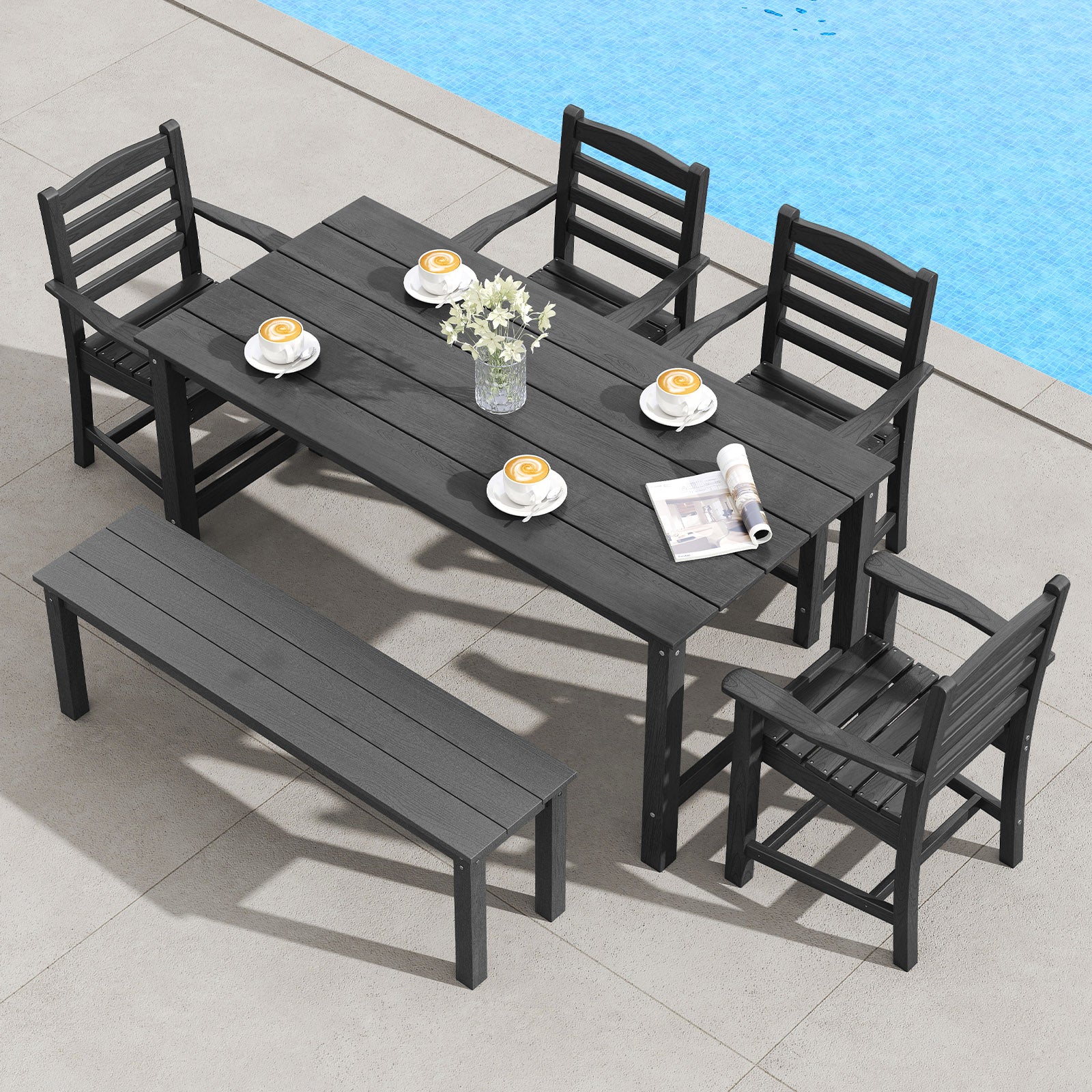 6 Pieces Patio Dining Bench Set Outdoor HDPE Weather Resistant Table and Chairs Set