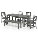 6 Pieces Patio Dining Bench Set Outdoor HDPE Weather Resistant Table and Chairs Set