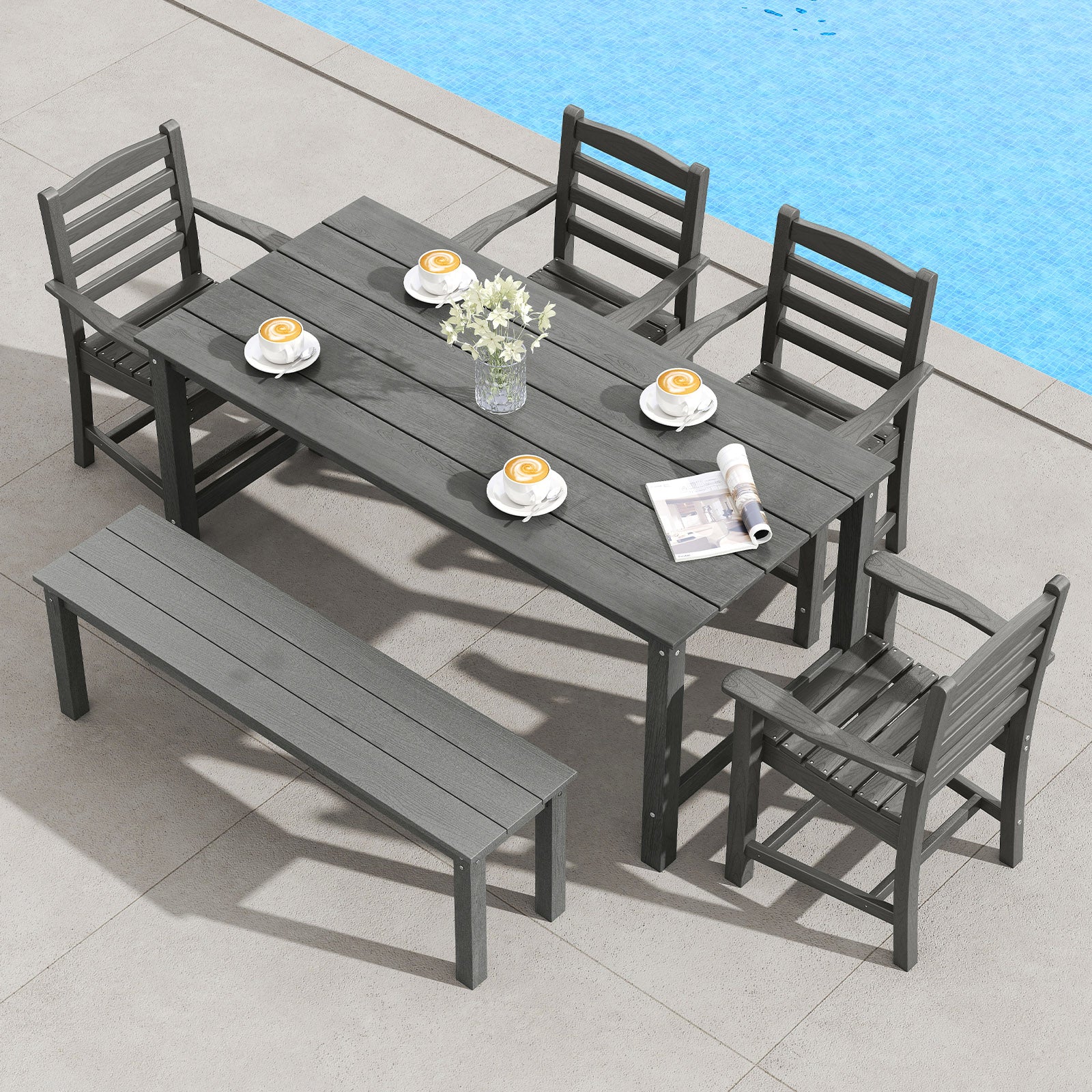 6 Pieces Patio Dining Bench Set Outdoor HDPE Weather Resistant Table and Chairs Set