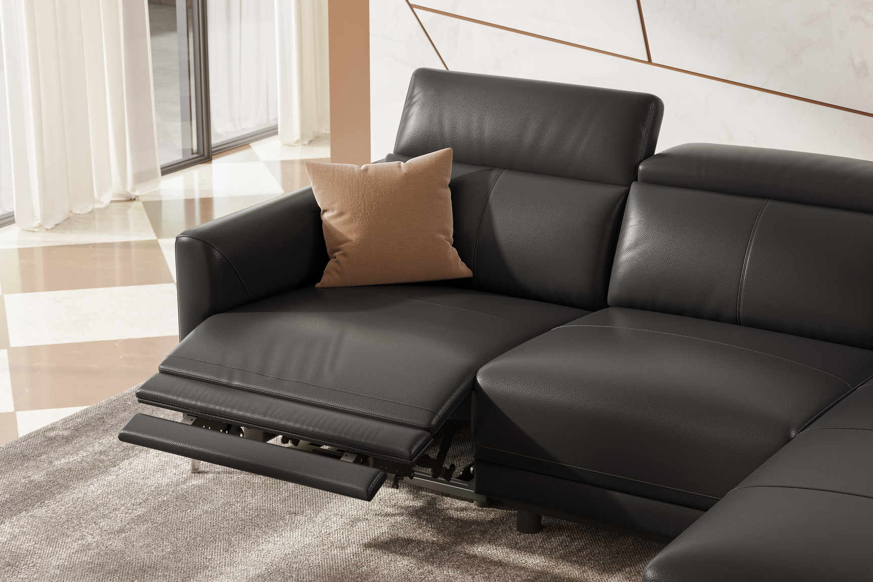Valencia Andria Black Leather Reclining Sectional Sofa | Modern Luxury Detailed drawing