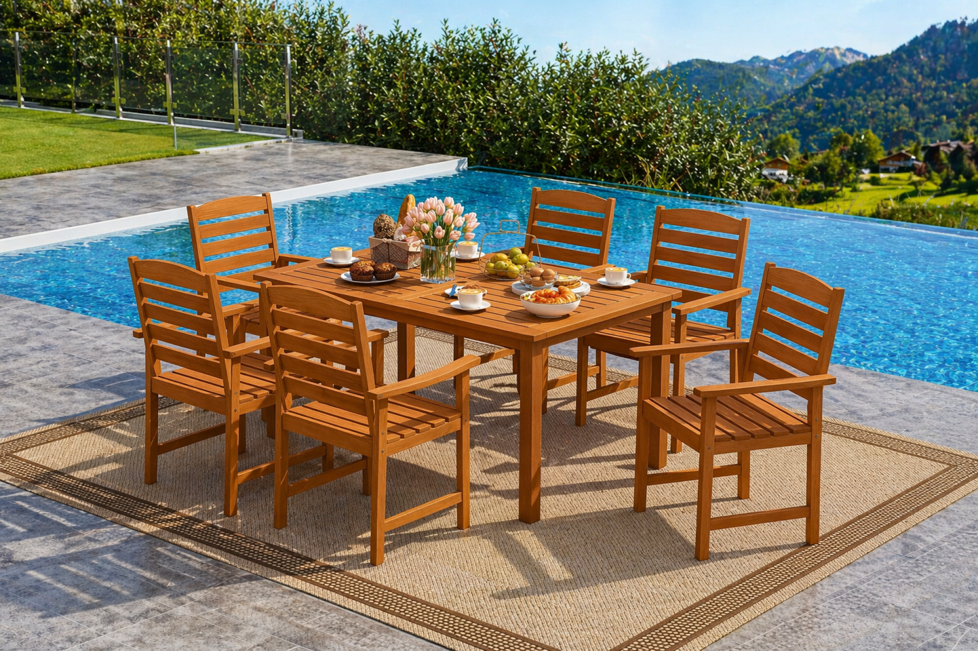 7 Pcs Outdoor Dining Set Teak Oil Finish Slatted Rectangular Dining Table and 6 Armchairs