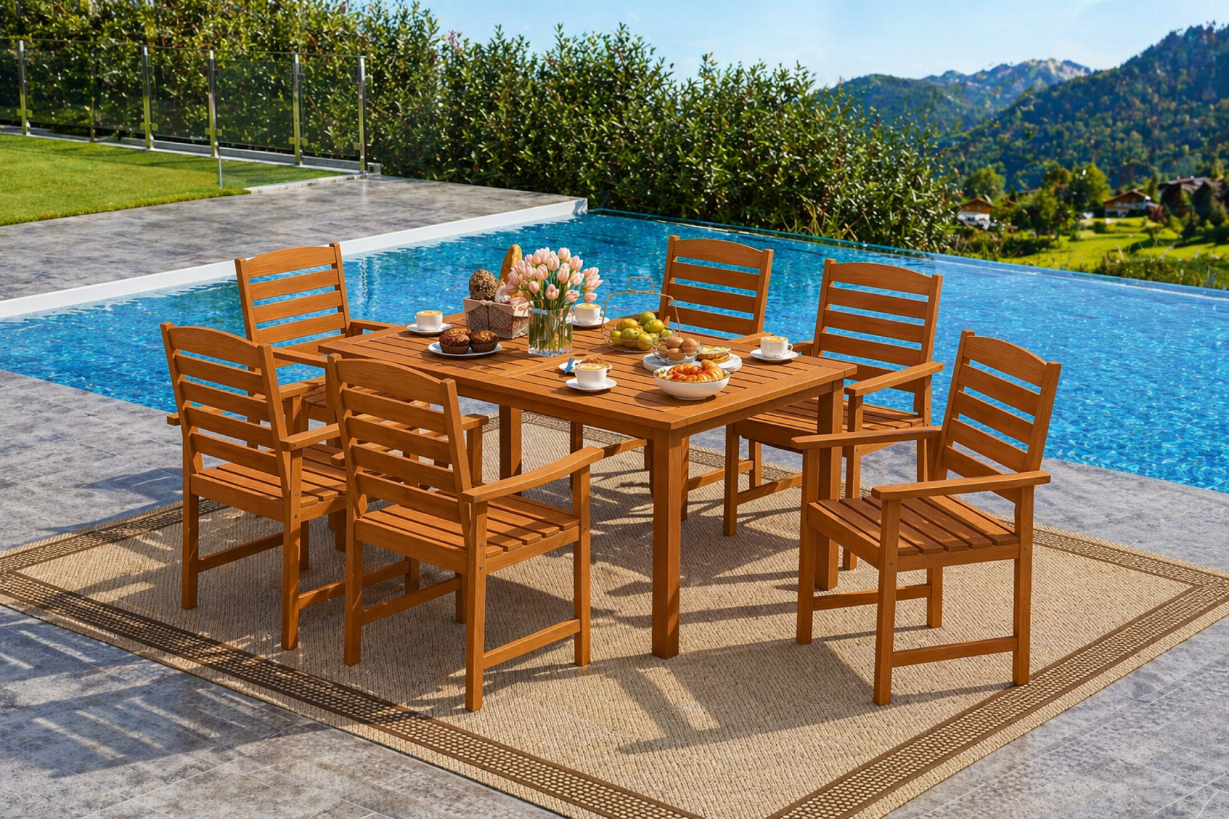 7 Pcs Outdoor Dining Set Teak Oil Finish Slatted Rectangular Dining Table and 6 Armchairs