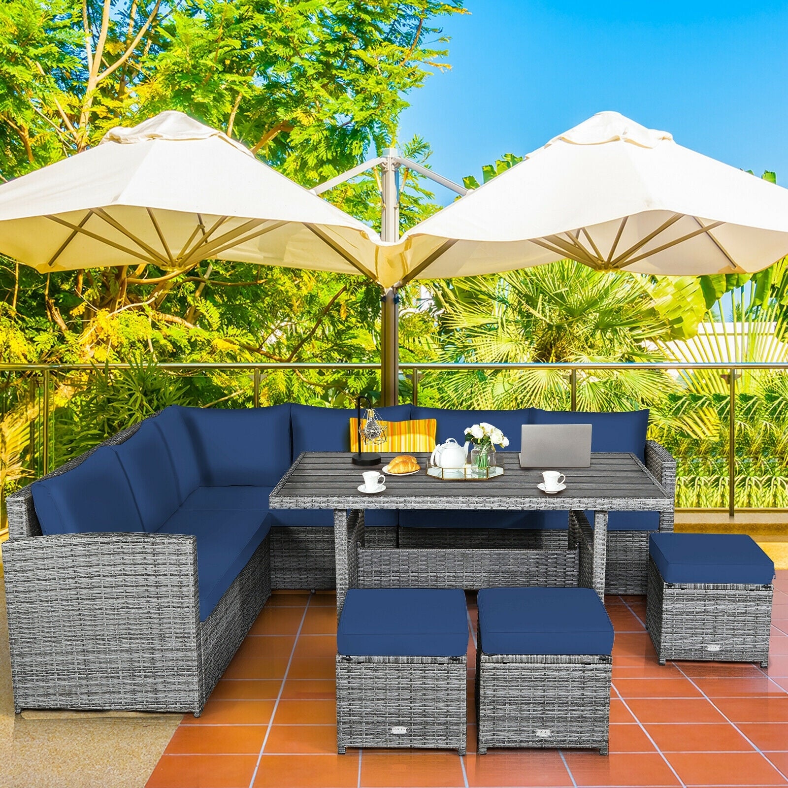 7 Pieces Patio Rattan Dining Furniture Sectional Sofa Set with Wicker Ottoman