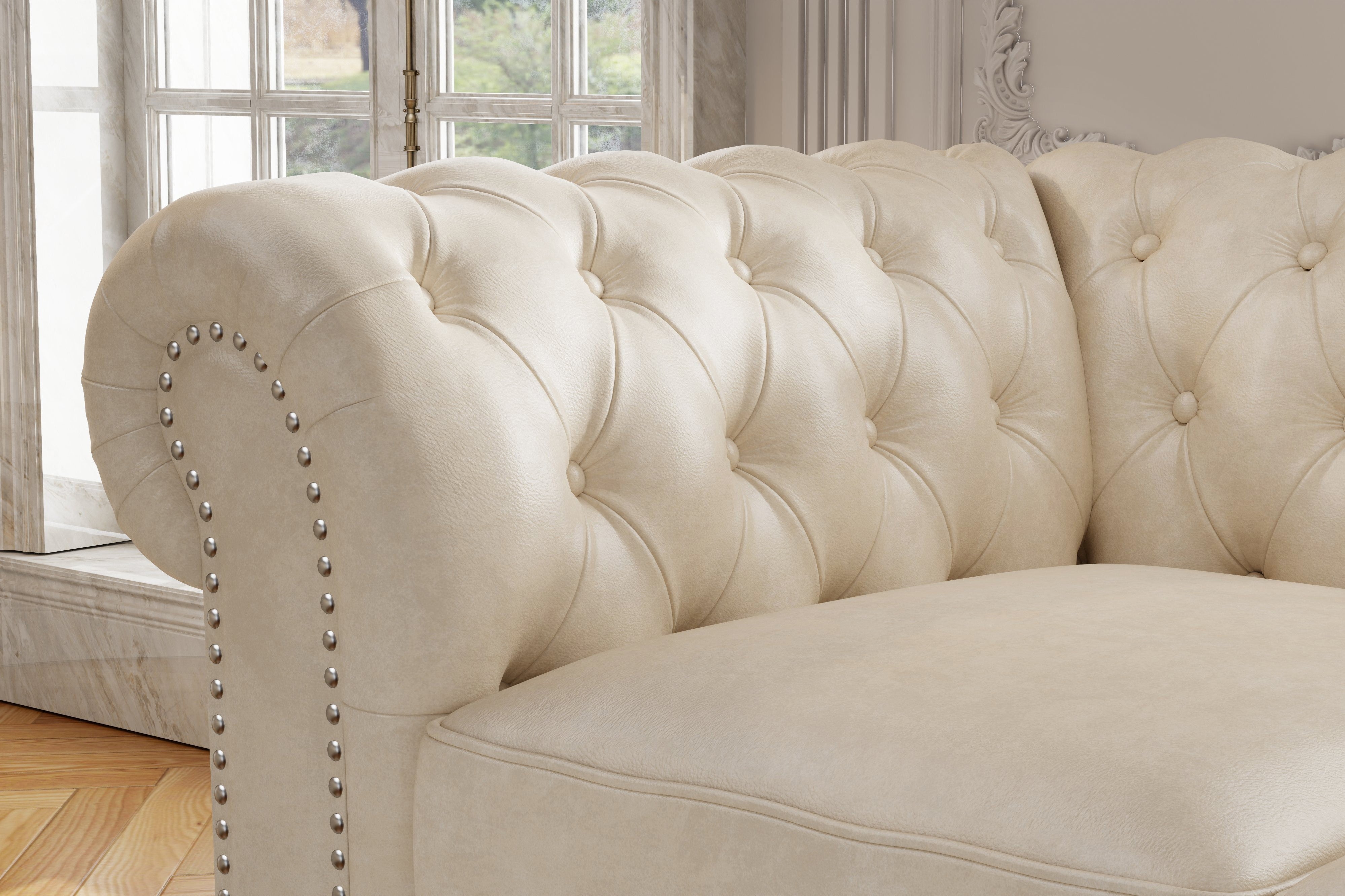 Valencia Parma 92 Full Aniline Leather Chesterfield Three Seats Sofa Antique White