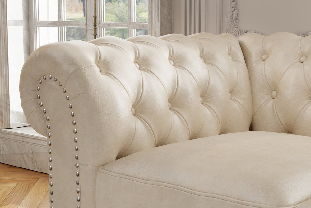 Valencia Parma 92" Full Aniline Leather Chesterfield Three Seats Sofa, Antique White Color