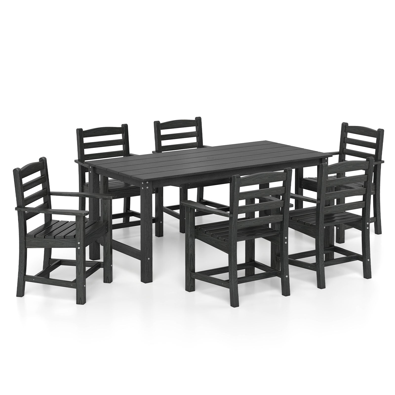 7 Pieces Outdoor Dining Table Set for 6 People 67 Inch HDPE Patio Rectangle Table and 6 Armchairs