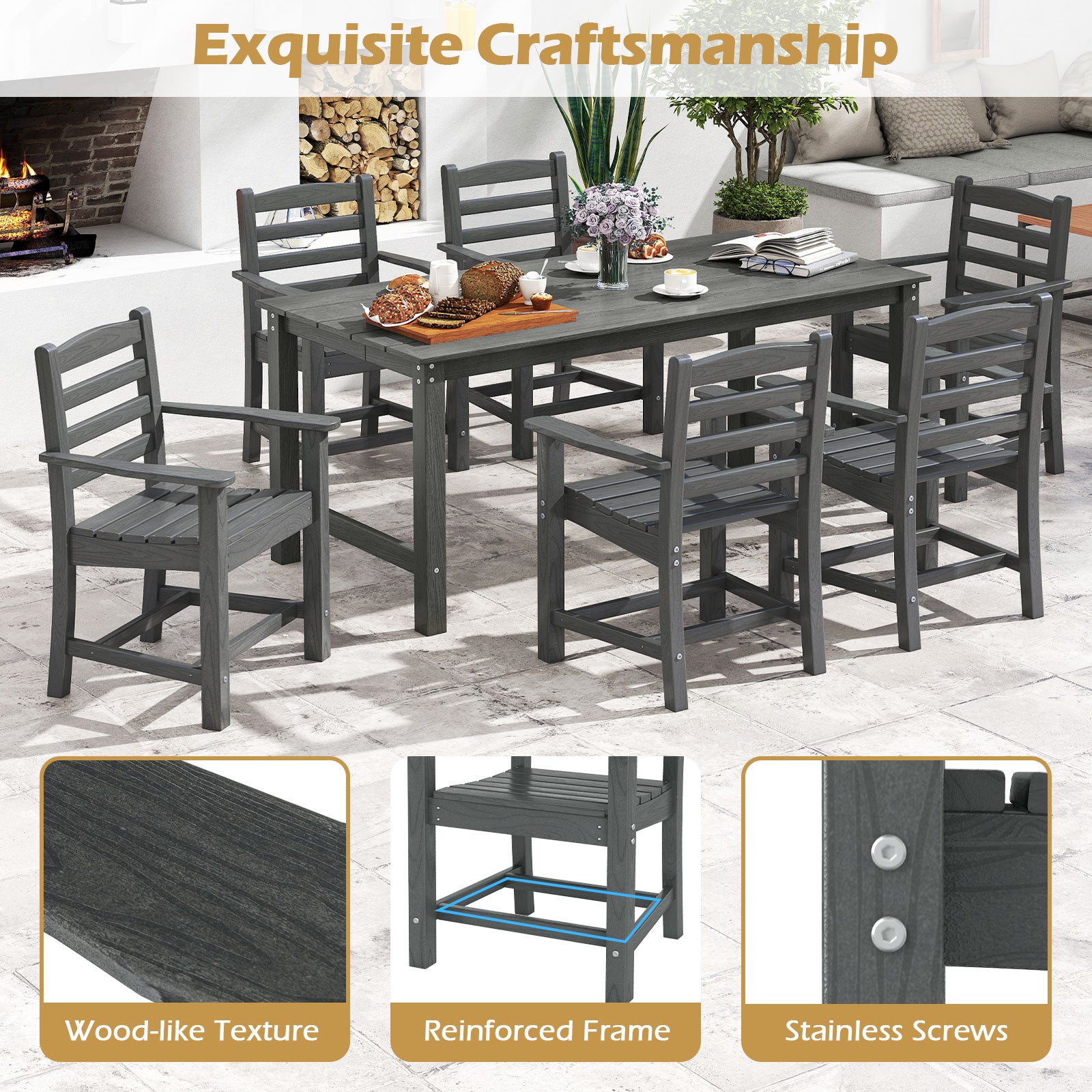 7 Pieces Outdoor Dining Table Set for 6 People 67 Inch HDPE Patio Rectangle Table and 6 Armchairs