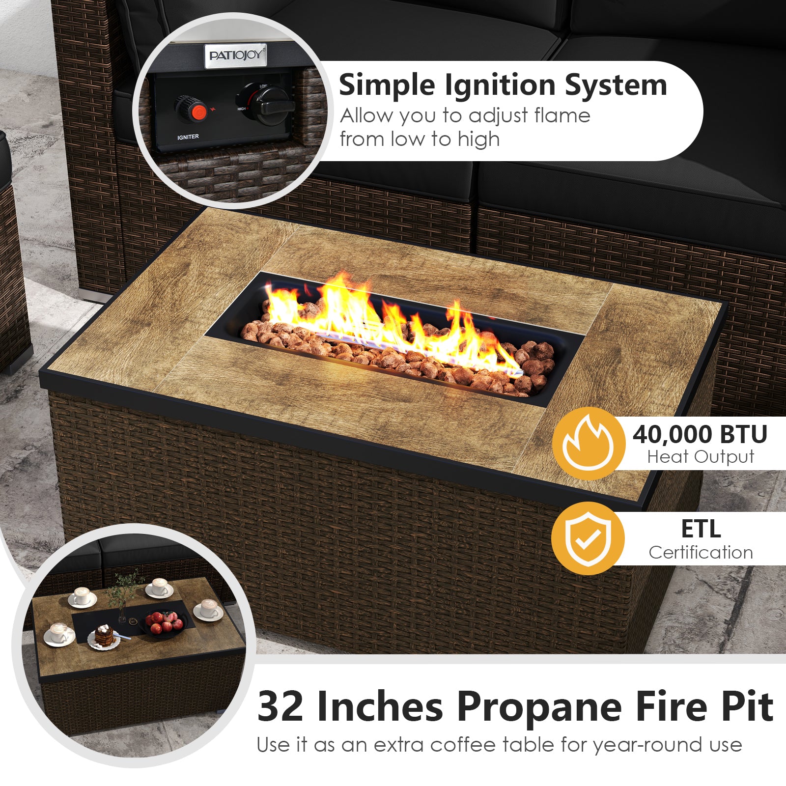 7 Pieces Outdoor Furniture Set with 32 Inch Fire Pit Table and Propane Tank Cover