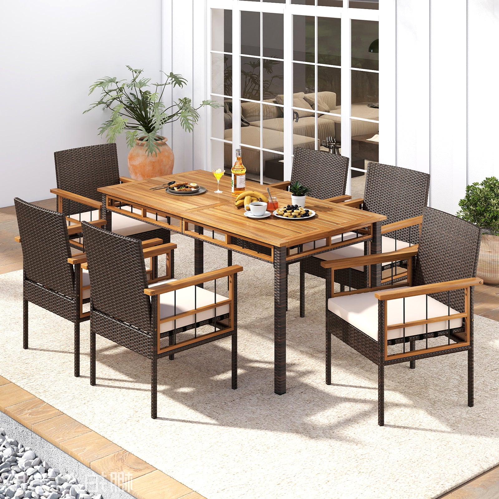 7 Pieces PE Wicker Patio Dining Set for Garden and Backyard