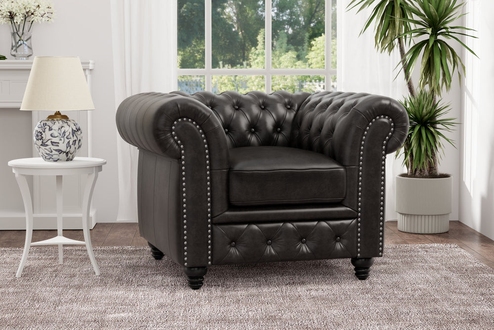 Valencia Parma Full Aniline Leather Chesterfield Single Sofa Accent Chair, Black Color