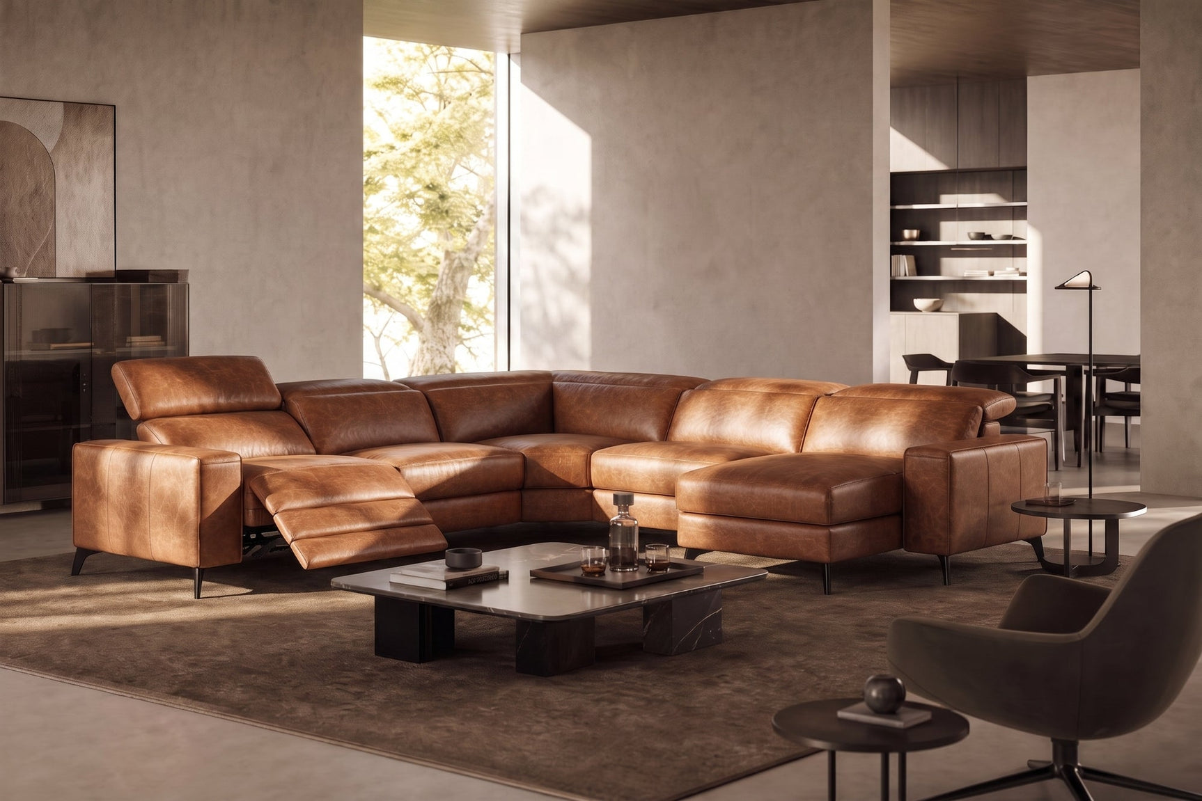 Esther Distressed Italian Aniline Leather Corner Recliner Sectional Sofa