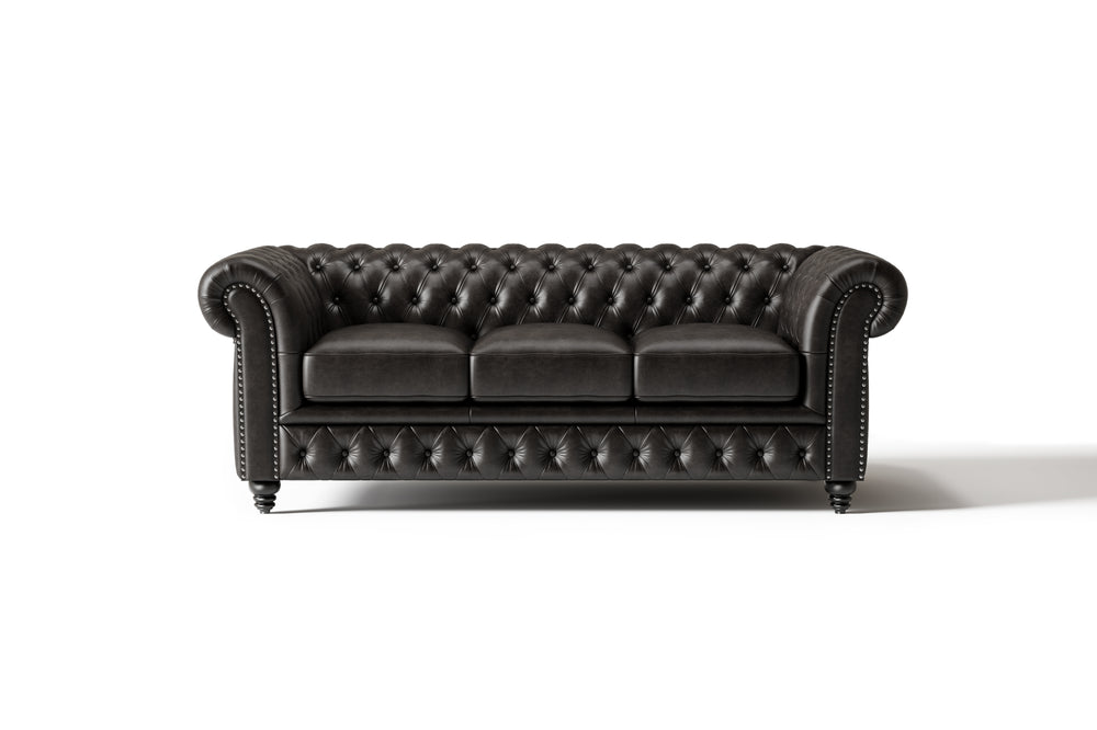 Valencia Parma 82" Full Aniline Leather Chesterfield Three Seats Sofa, Black Color