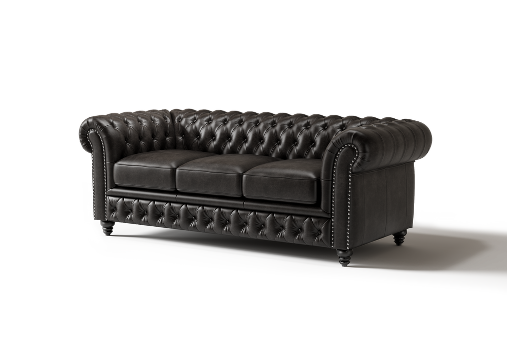 Valencia Parma 82" Full Aniline Leather Chesterfield Three Seats Sofa, Black Color