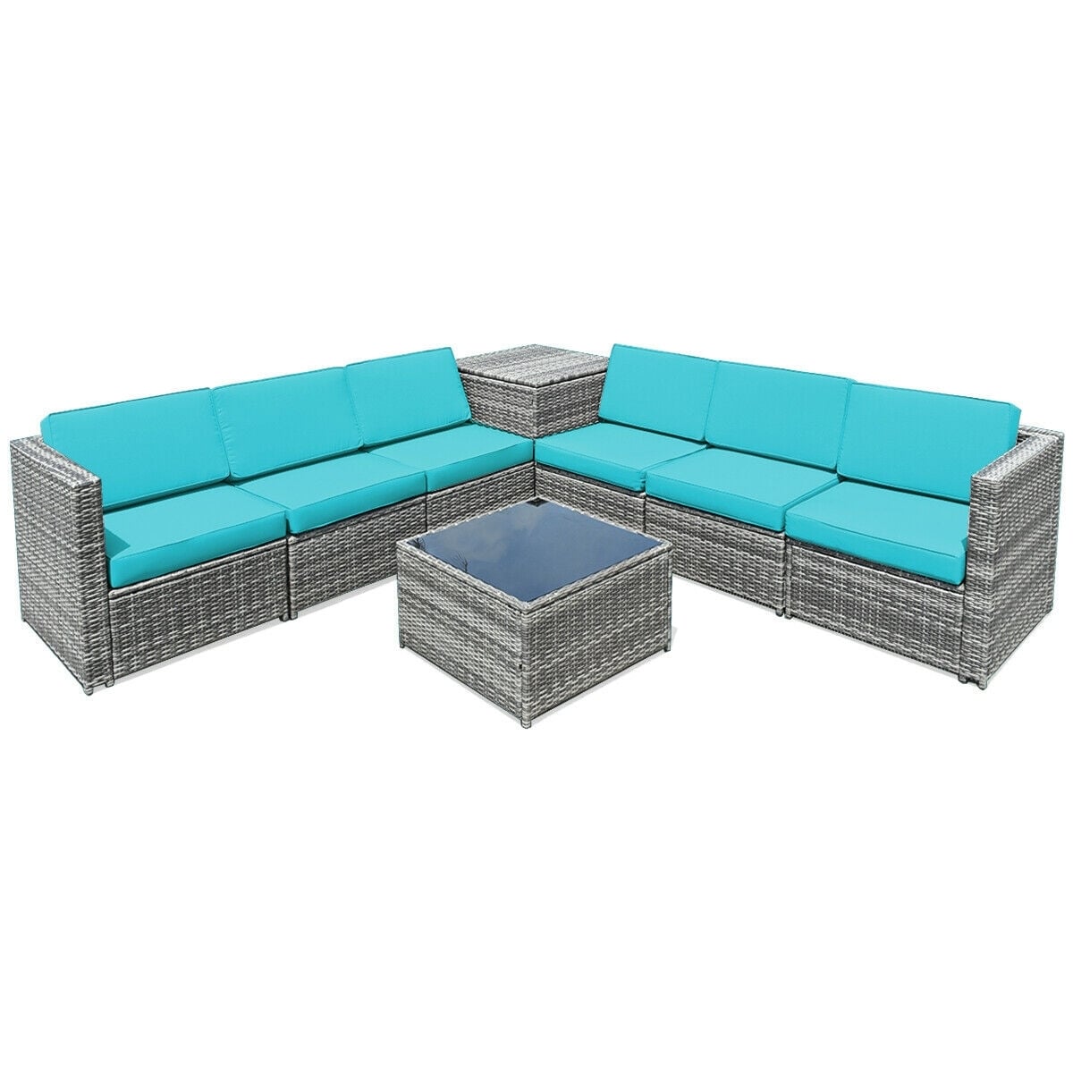 8 Piece Wicker Sofa Rattan Dinning Set Patio Furniture with Storage Table