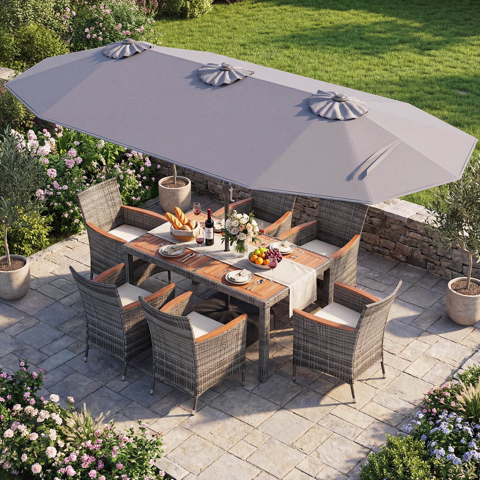 8-Piece Patio Dining Set with Double-Sided Market Umbrella
