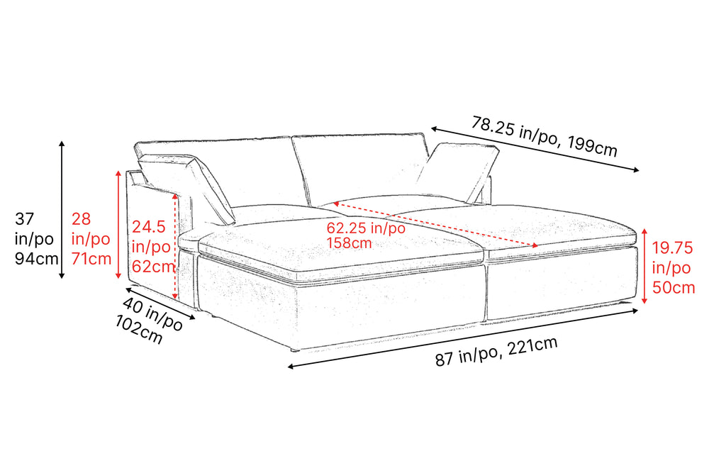 Valencia Isola Cloud Top Grain Leather Theater Lounge Modular Sofa Loveseat and 2 Ottomans, Black Color