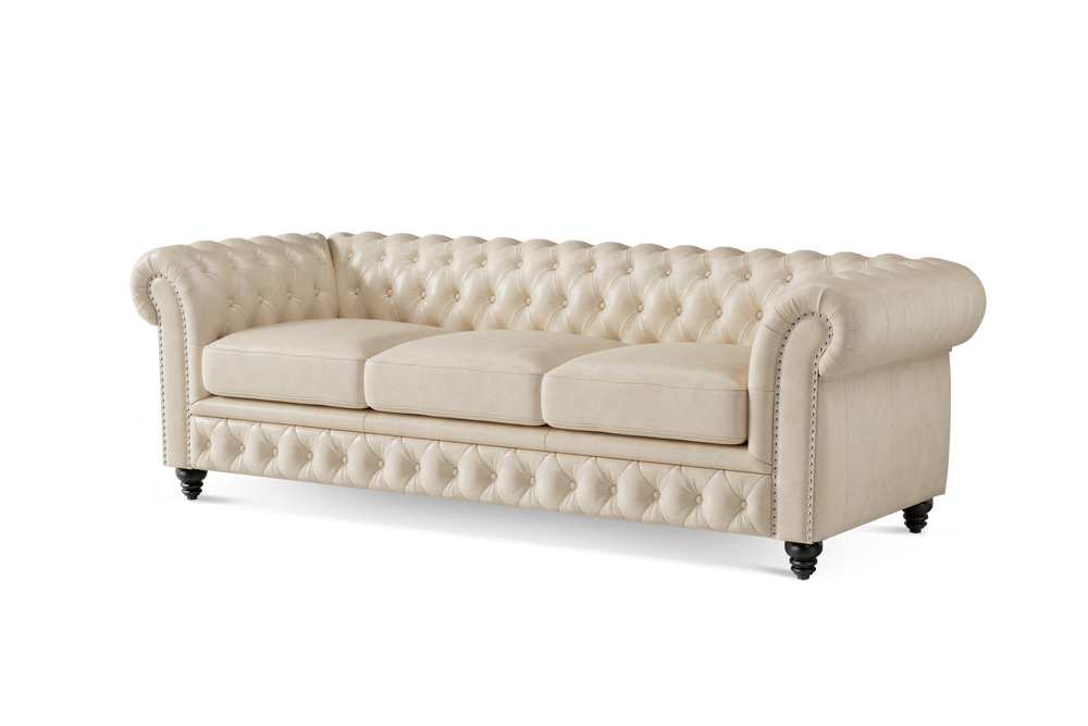 Valencia Parma 92" Full Aniline Leather Chesterfield Three Seats Sofa, Antique White Color