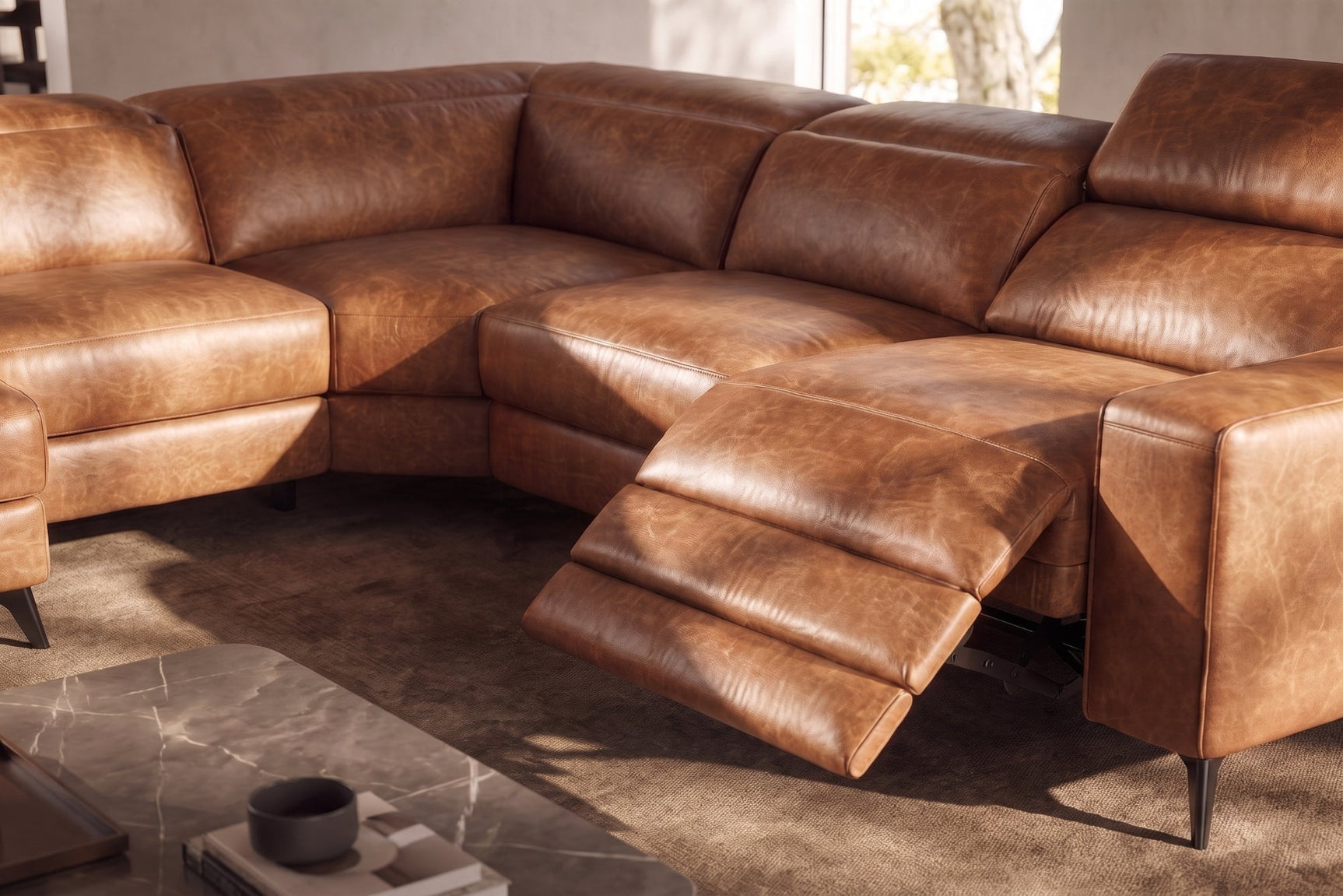 Esther Distressed Italian Aniline Leather Corner Recliner Sectional Sofa