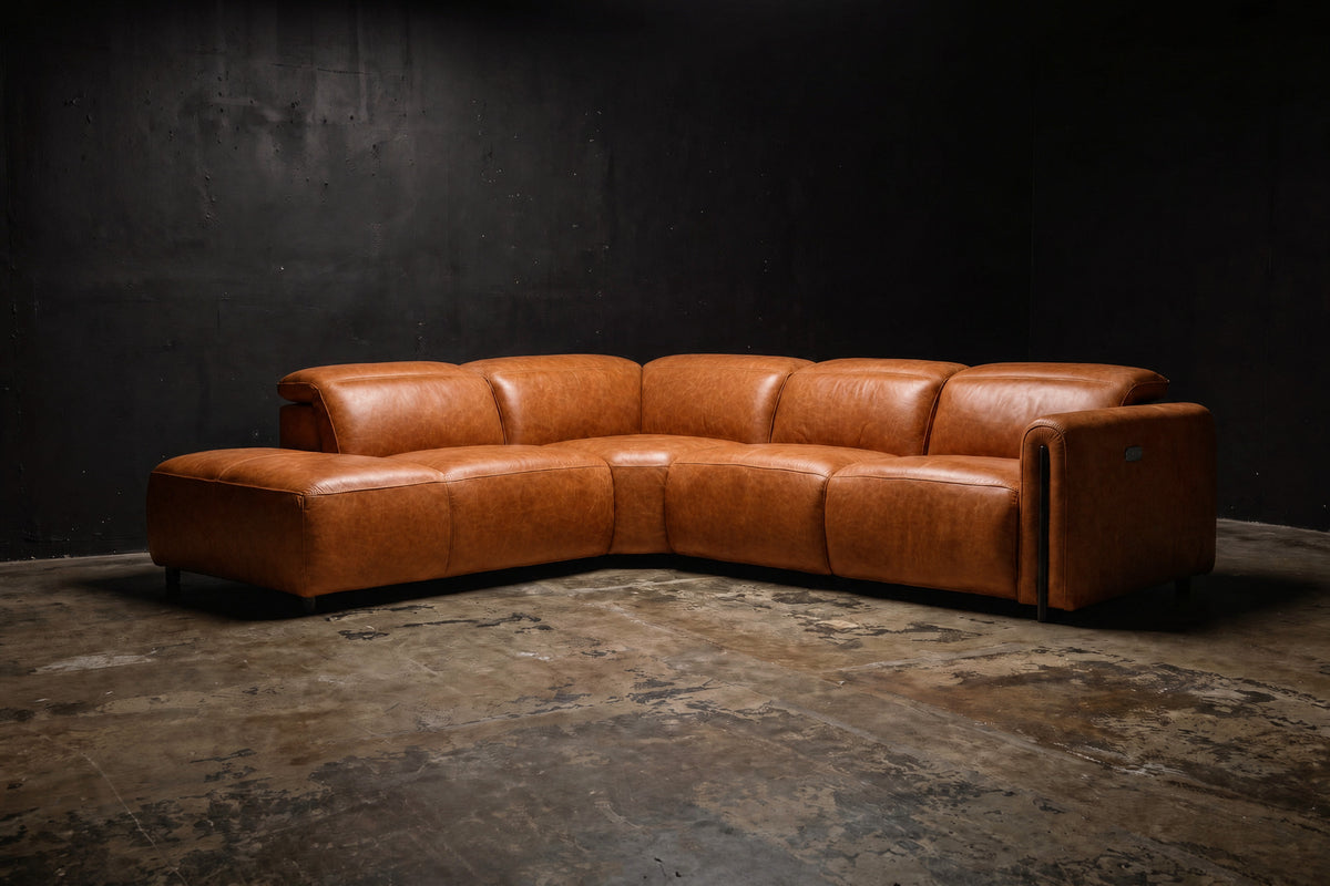 Octavia Distressed Italian Aniline Leather Reclining Corner Sectional Sofa