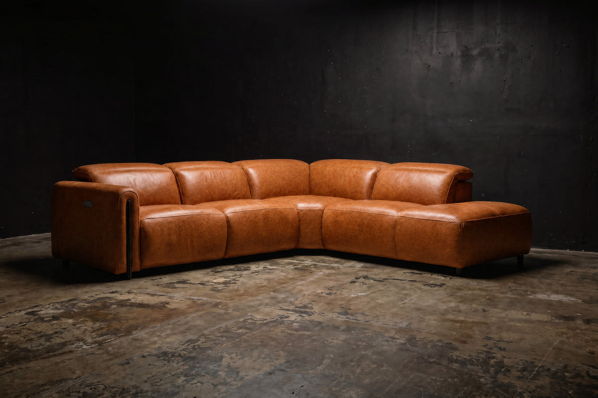 Octavia Distressed Italian Aniline Leather Reclining Corner Sectional Sofa