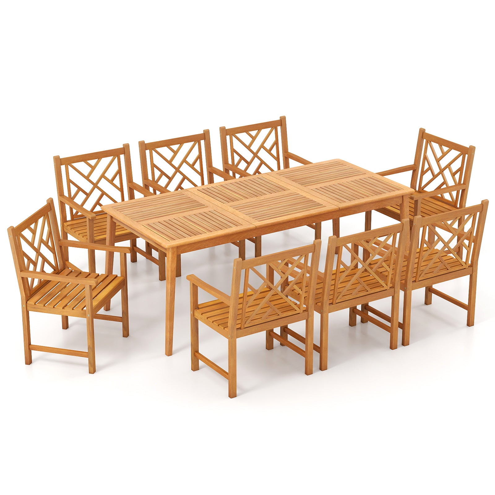9-Pieces Patio Dining Table Set Wood Rectangular Dining Table with 8 Chairs and Slatted Tabletop
