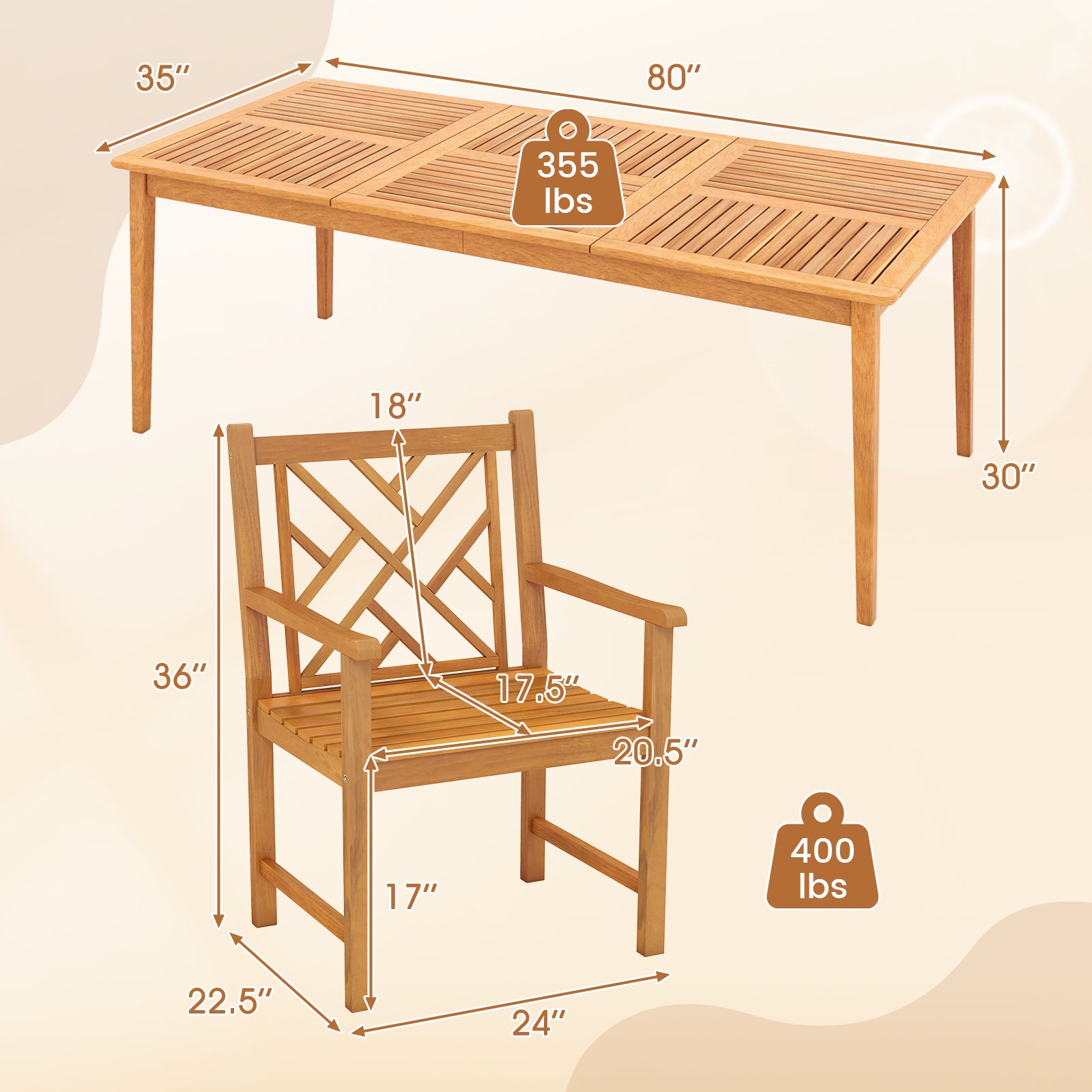 9-Pieces Patio Dining Table Set Wood Rectangular Dining Table with 8 Chairs and Slatted Tabletop